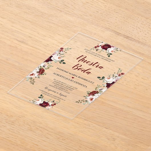 Spaanse Burgundy Roze Bloemen Nuestra Boda Acryl Uitnodigingen (Laagn)