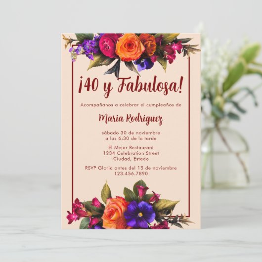Spaanse Elegante Heldere Bloemen Crème 40ste Verja Kaart (Staand voorkant)