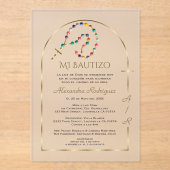 Spaanse Gouden Boog Kruis Meisje Monogram Doop Acryl Uitnodigingen (Voorkant)