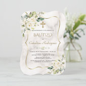 Spaanse Invitacion De Bautizo White Floral Marble Kaart (Staand voorkant)
