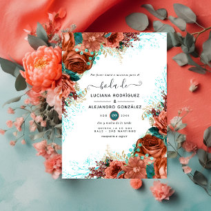 Spaanse koraal en Blauwgroen Floral Wedding Kaart