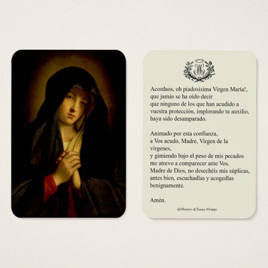 Spaanse maagd Mary Prayer Memorare Heilige Kaart (Voorkant /achterkant)