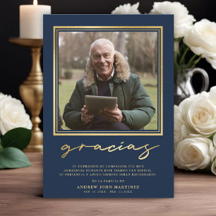 Spaanse marine & gouden kalligrafie begrafenisfoto bedankkaart