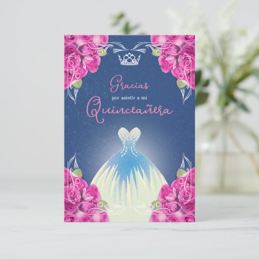 SPAANSE PINK EN BLUE QUINCEAÑERA | BEDANKKAART (Staand voorkant)