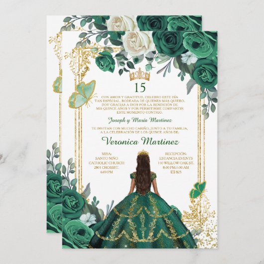 Spaanse prinses Emerald Green Floral Mis Quince Kaart (Voorkant / Achterkant)
