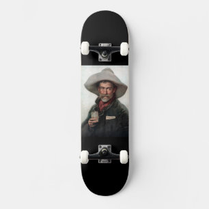 Spaanse rancherocowboy in oude westernsaloon skateboard