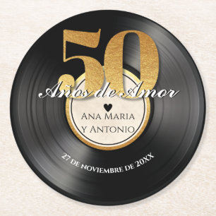 Spaanse Retro Vinylen Plaat 50ste Verjaardag Ronde Kartonnen Onderzetter
