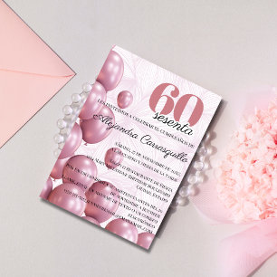 Spaanse Roze Blush Bloem Ballonnen 60e Verjaardag Kaart