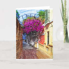 Spaanse straat met paarse bloemen kaart