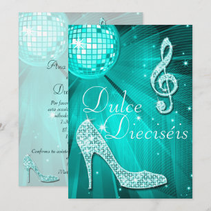 Spaanse Teal Disco Bal en Glitter Hakken Sweet 16 Kaart