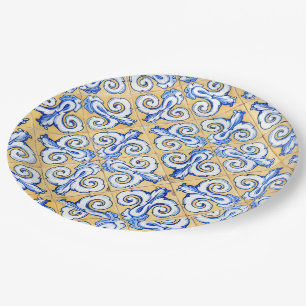 Spaanse tegels - Azulejo Blue, Yellow and White Papieren Bordje