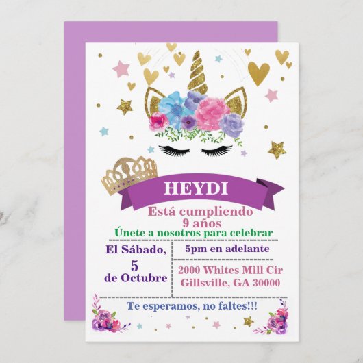 Spaanse Unicorn Birthday Uitnodiging (Voorkant / Achterkant)