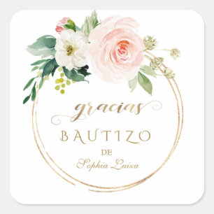 Spaanse unieke roze blos bloemengoud doopfeest vierkante sticker