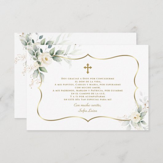 Spaanse Witte Bloemen Dank Met Gebed Doop  Bedankkaart (Voorkant / Achterkant)