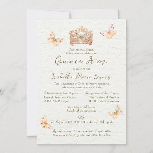 Spaanse zalm, roze jurk Vlinders Quinceañera Kaart (Achterkant)