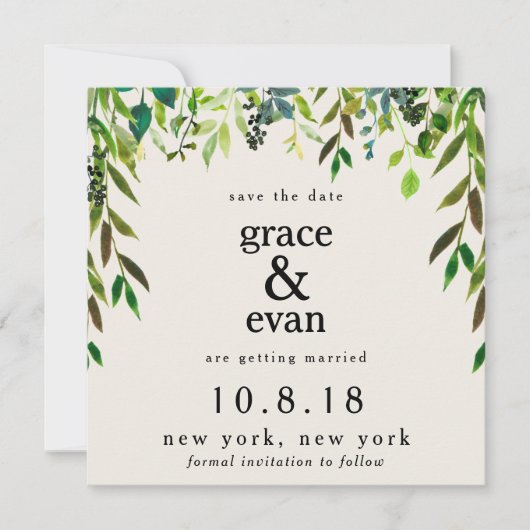 Spaar de datum groene bloemige blad olijf krans kaart (Voorkant)