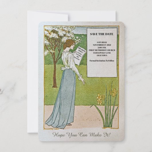 SPAAR DE DATUM/ONTBREKENDE NIEUWS/VROUW LEZEN KOPP SAVE THE DATE (Voorkant)