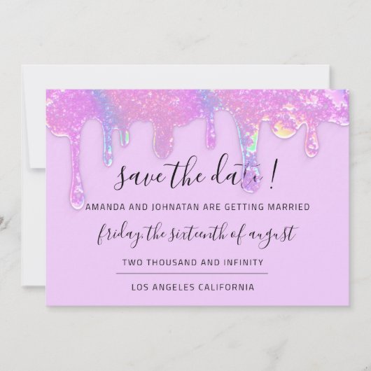 Spaar De Datum Roze Holografische Druppels Paars Save The Date (Voorkant)