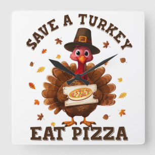 Spaar een kalkoen, eet pizza – Grappige Thanksgivi Vierkante Klok