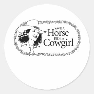 Spaar een paard. Rij een cowgirl. Ronde Sticker