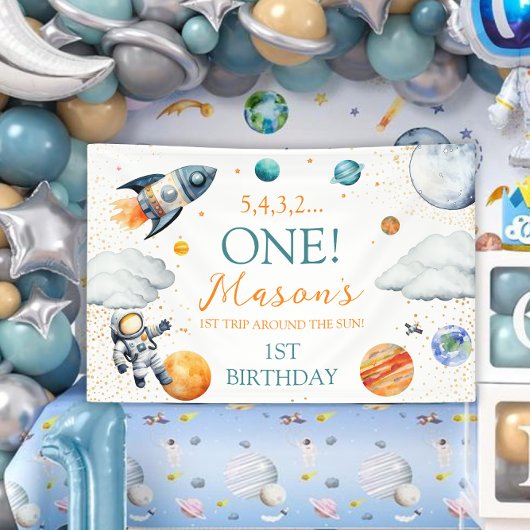 Space 1st Birthday Backdrop First Trip Around Sun Spandoek