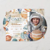 Space 1st Birthday Foto Kaart (Voorkant / Achterkant)