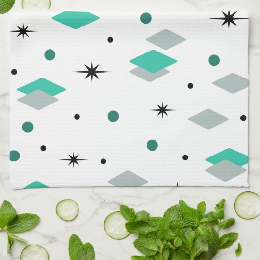 Space Age Diamonds Turquoise White Theedoek (Gevouwen)