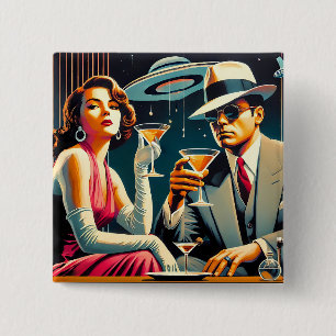 Space Age Las Vegas Gangster Martini Feest Vierkante Button 5,1 Cm