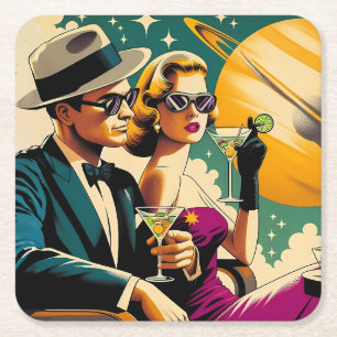 Space Age Las Vegas Martini Gangster Feest Vierkante Kartonnen Onderzetter
