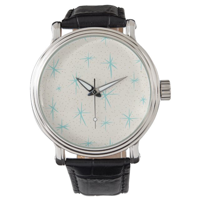 Space Age Turquoise Starburst Montre en cuir (devant)