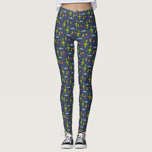 Space Aiens and Flying Saucers Sci-Fi Thed Leggings (Voorkant)