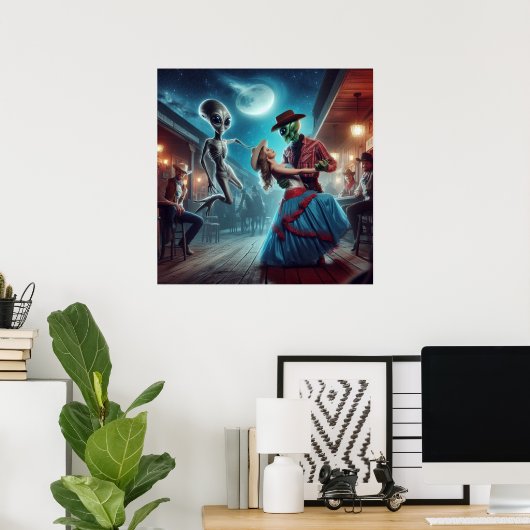 "Space Alien Dancing", "Old West Saloon", Cowgirl Poster (Thuiskantoor)
