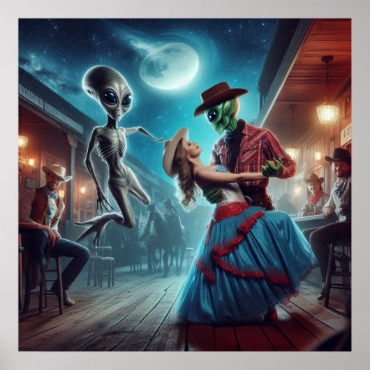 "Space Alien Dancing", "Old West Saloon", Cowgirl Poster (Voorkant)