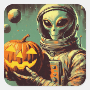Space Alien en Jack-o'-lantaarn Retro Illustratie Vierkante Sticker