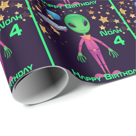 Space Alien Gelukkige Verjaardag NAAM AGE Leuke Wr Cadeaupapier (Rol Hoek)