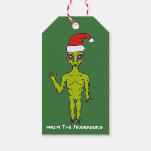 Space Alien in een Santa Hat persoonlijke kerstmis Cadeaulabel (Voorkant)