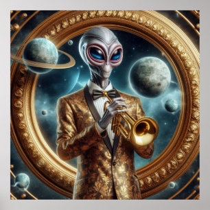 Space Alien Man Spelen Trompet Fancy Jas Poster