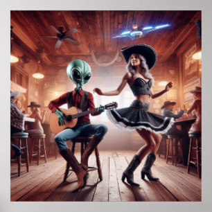 Space Alien speelt gitaar Cowgirl dansen Poster