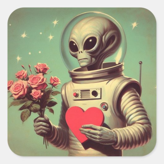 Space Alien Valentijn Sci Fi Romantisch Valentijns Vierkante Sticker (Voorkant)