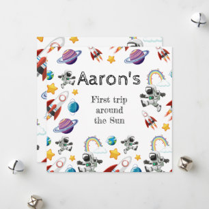 Space Astronaut eerste verjaardagsfeest uitnodigin Feestdagenkaart