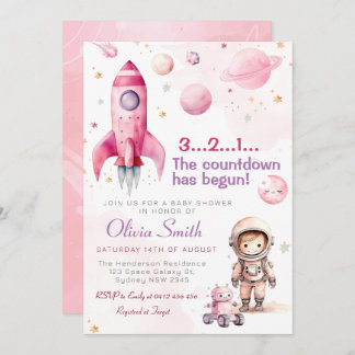 Space Astronaut Rocket Planets Girl Baby shower Kaart