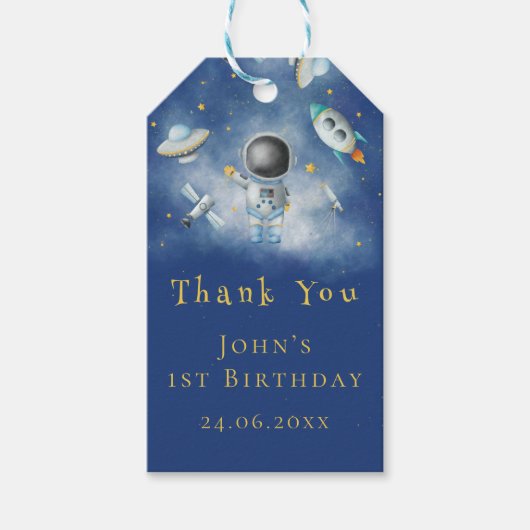 Space baby Astronaut Boy raketten blauwe sterren Cadeaulabel (Voorkant)