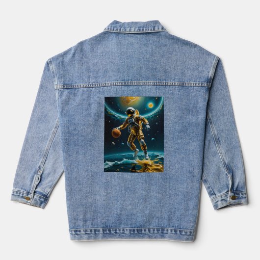 Space Basketball Astronaut Drijvend op Goud T-shir Denim Jacket (Achterkant)