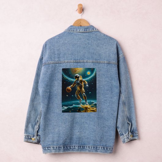 Space Basketball Astronaut Drijvend op Goud T-shir Denim Jacket (Hangar)