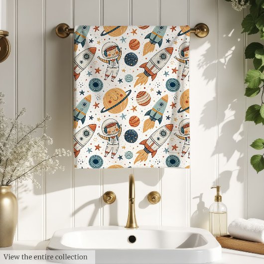 Space Bath Towel Pastel Planets & Rockets for Boy Bad Handdoek