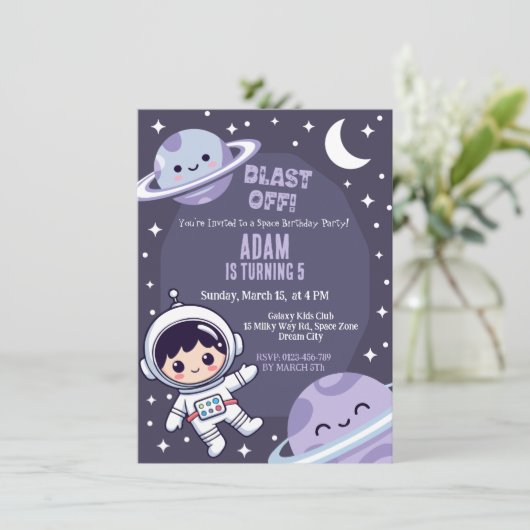Space Birthday Party Invitation | Galaxy Astronaut (Debout devant)
