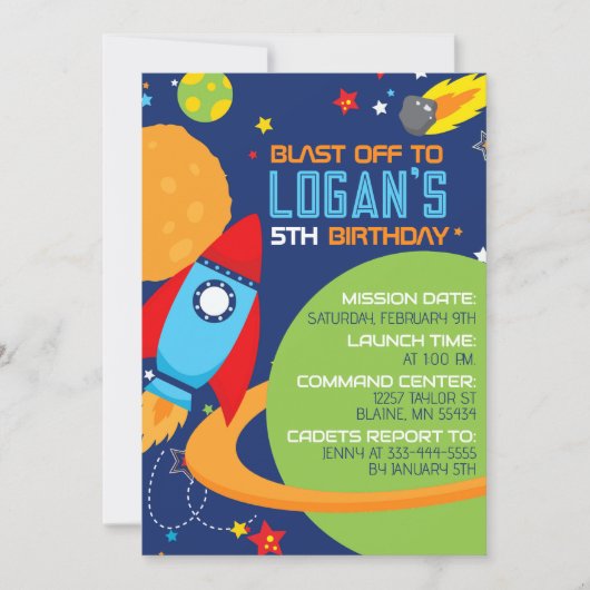 Space Blue Rocket Invitations d'anniversaire (Devant)