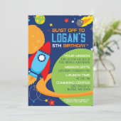 Space Blue Rocket Invitations d'anniversaire (Debout devant)