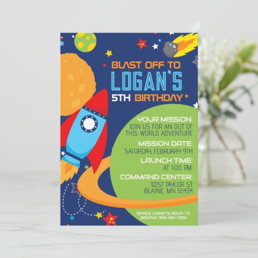 Space Blue Rocket Invitations d'anniversaire (Debout devant)