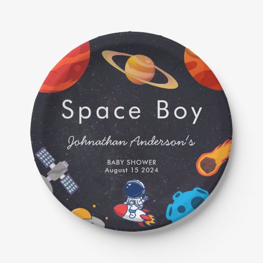 Space Boy Planets Schattige Astronaut Baby shower Papieren Bordje (Voorkant)
